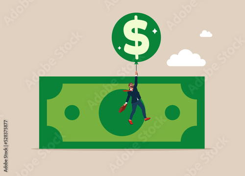 Businessman floats with air balloons. The product has increased in value.  Inflation causes prices to skyrocket. The currency is strengthening. Vector illustration.