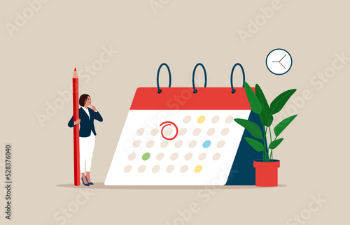 Woman standing with huge calendar and holds big red pencil. Time management. Planning concept. Vector illustration.