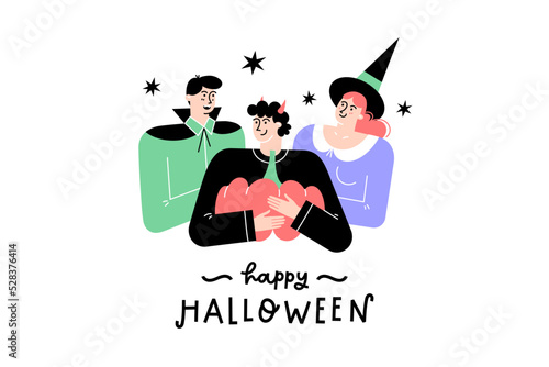 Group of people celebrating Halloween holiday in Masquerade costumes. 