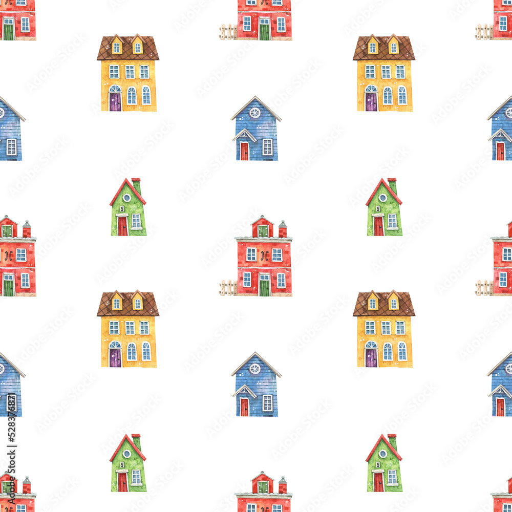 Cute seamless pattern with cartoon watercolor houses on a white background. Old european houses seamless background.