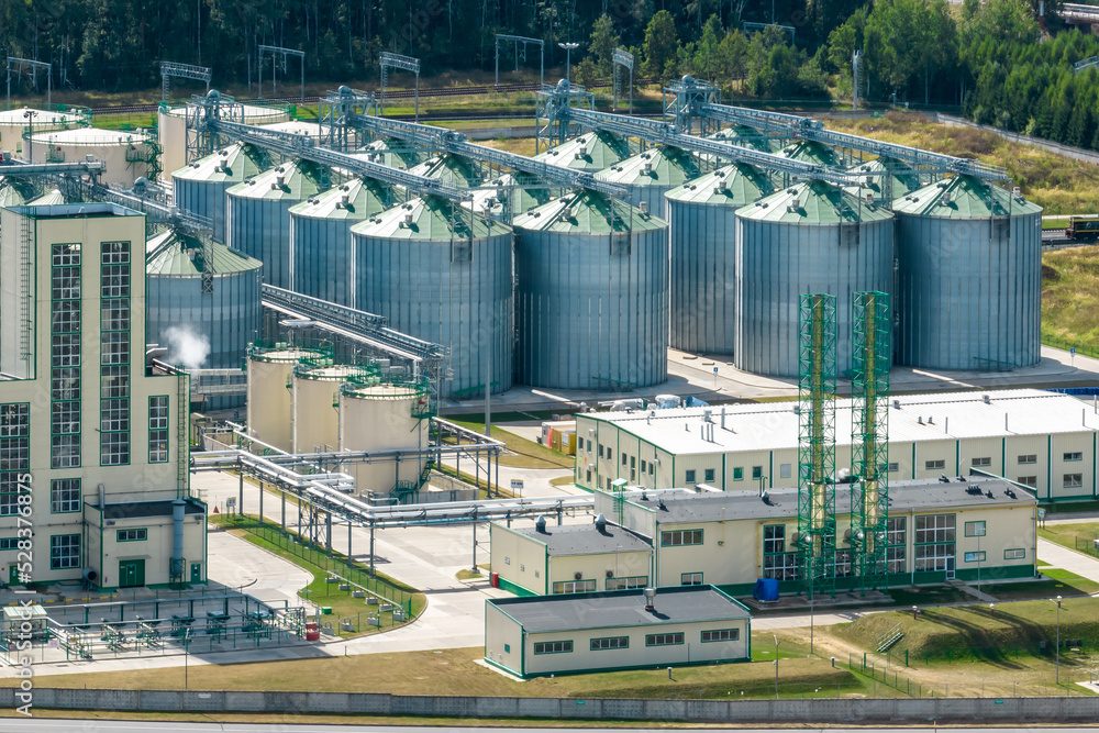 aerial view on rows of agro silos granary elevator with seeds cleaning line on agro-processing manufacturing plant for processing drying cleaning and storage of agricultural products