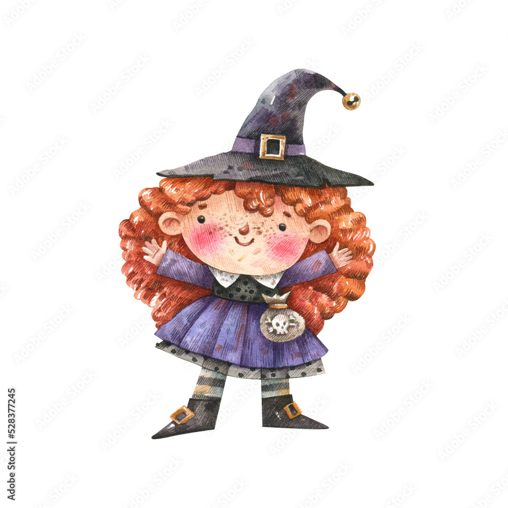 Cute Halloween character, red-haired sorceress watercolor illustration isolated on white background. Witch in a purple dress with red hair and a pointed hat.