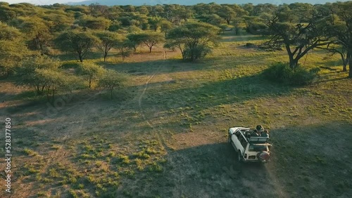 Drone view of a moving jeep in the scenic jungle of Masai Mara, Kenya photo