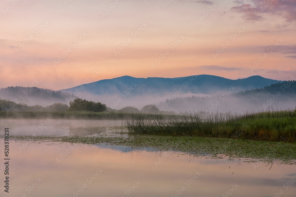 Sunrise at the lake Cerknica, Cerknisko jezero, intermittent lake, Cerknica Polje, Nature reserve Rakov Skocjan, Slovenia, Europe