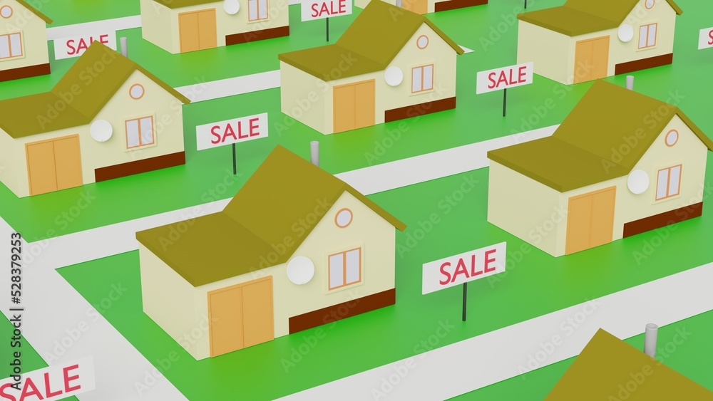 Abstract suburban village selling of one-story houses with a garage. Real estate background. 3d illustration Abstract suburban village selling of one-story houses with a garage. Real estate background. 3d illustration
