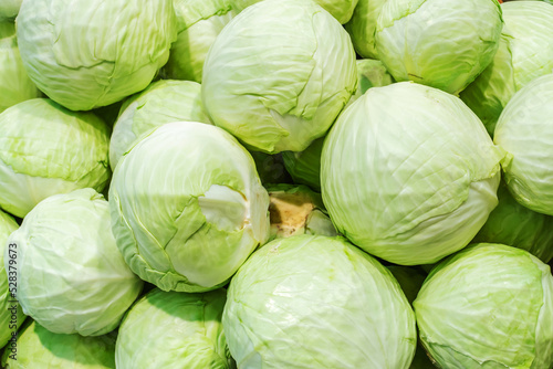 Round cabbage on the counter in the store. Trade in vegetables in the wholesale and retail network. Close-up