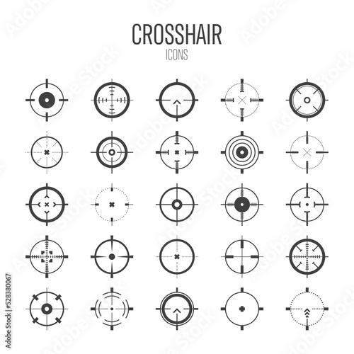 Crosshair, gun sight vector icons. Bullseye, black target or aim symbol. Military rifle scope, shooting mark sign. Targeting, aiming for a shot. Archery, hunting and sports shooting. Game UI element.