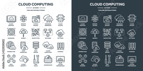 Cloud computing and internet technology, database remote access. Web hosting, online services data protection. Information security, data sharing and backup. Thin line icons set. Vector illustration