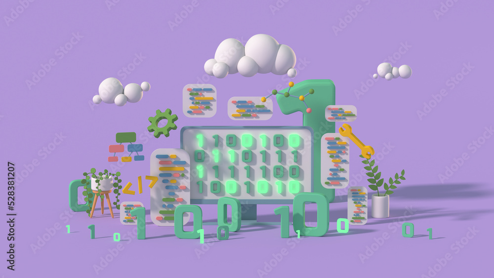 Coding and software engineering concept 3D render illustration