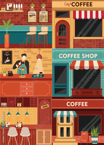 Fototapeta Naklejka Na Ścianę i Meble -  Coffee shop icon set on colorful background. vector illustration People in cozy cafe, coffee shop interior, customers and waiters, dessert menu.