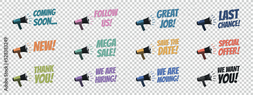 Megaphone Business Announcements Set - Different Vector Illustrations Isolated On Transparent Background