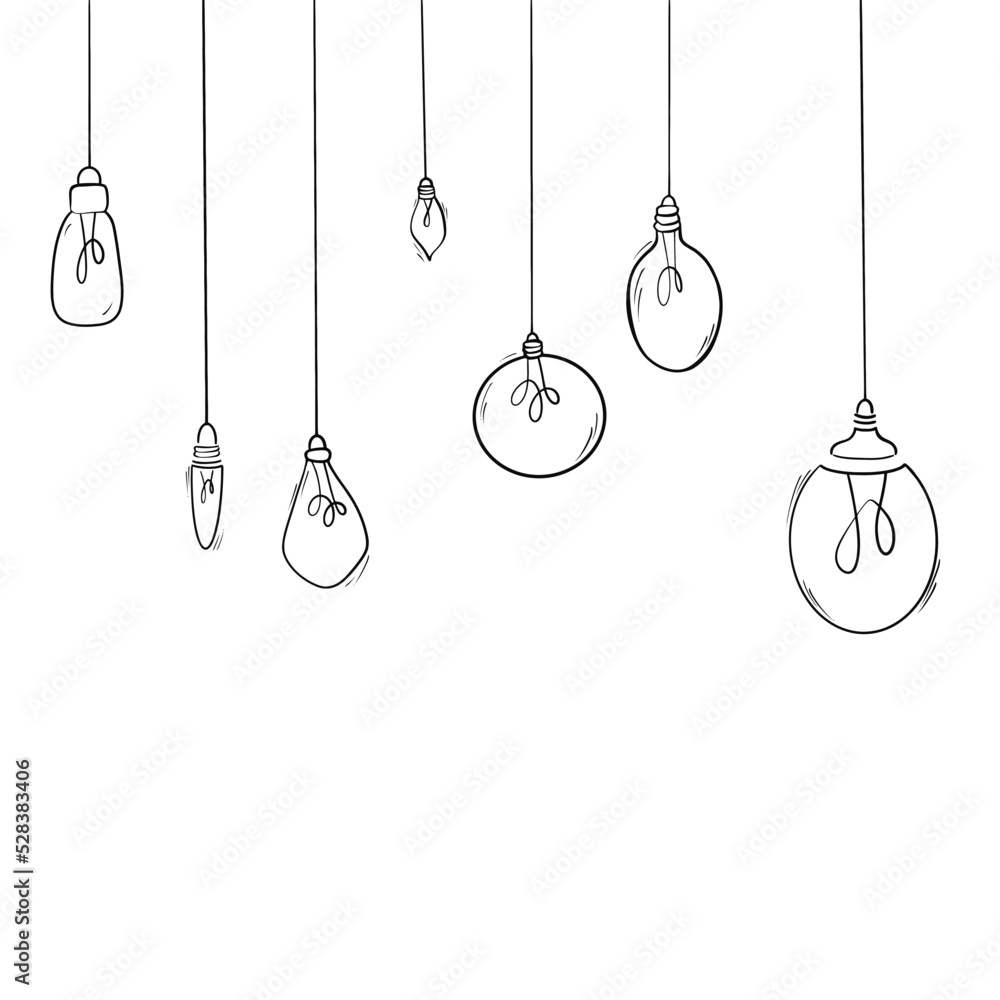 Many lamps hanging from above. Light bulbs icon concept of idea. Vector on white background. Contour line. Many lamps hanging from above. Light bulbs icon concept of idea. Vector on white background. Contour line.