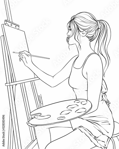 Young woman artist at easel painting. Vector line art illustration for adult coloring book page.