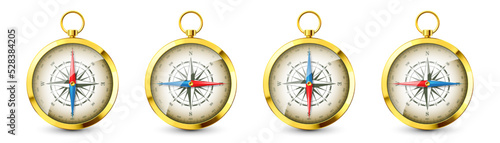 Realistic golden vintage compass with marine wind rose and cardinal directions of North, East, South, West. Shiny metal navigational compass. Cartography and navigation. Vector illustration