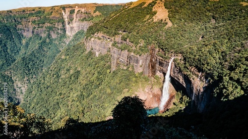 Scenic aerial view of Nohkalikai Falls in India photo