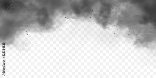 Black realistic smoke, dust clouds. Dirty polluted smog or fog with dirt particles. Air pollution, mist effect. Smoke from fire or explosion. Vector illustration