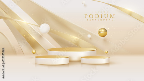 Product display podium with golden curve line element and ball decoration and glitter light effect.