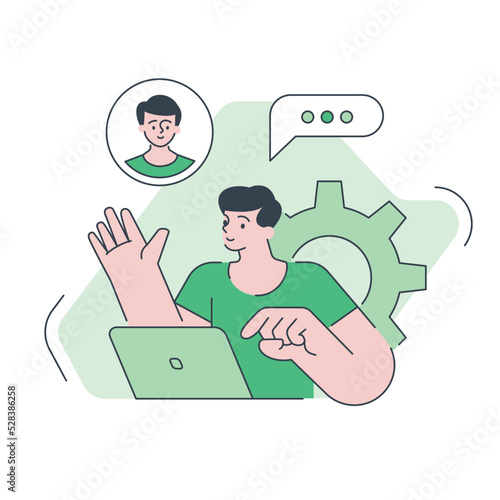 Male developer colleagues chatting online use laptop remotely meeting discussing job vector flat