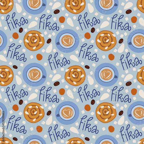 Fika seamless pattern. Cups of coffee top view, sweets and word Fika on blue background.