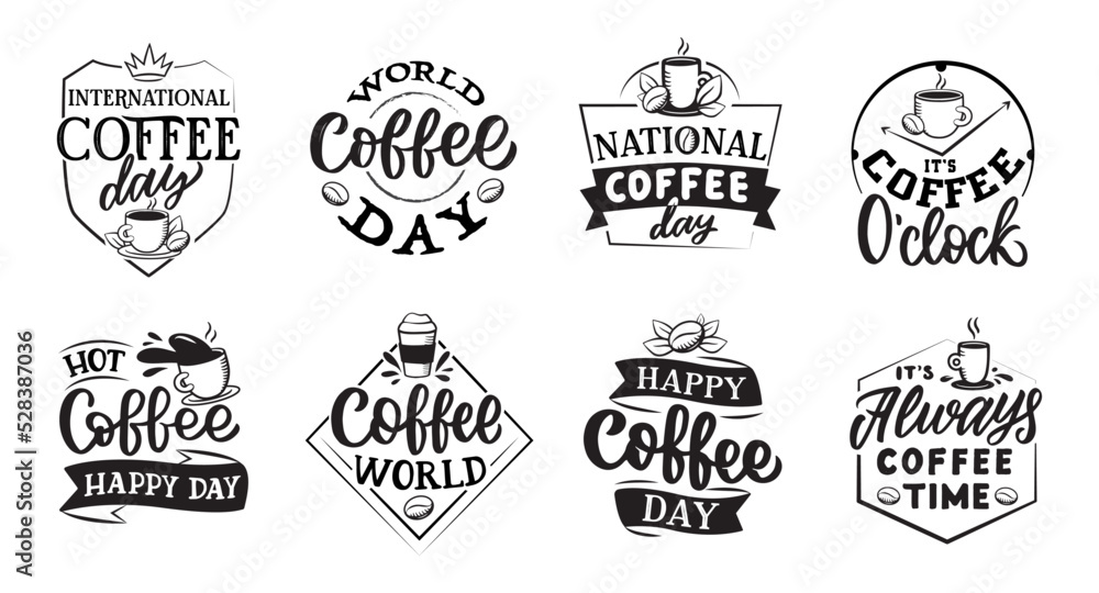 The set of lettering phrases about the coffee day. Hand-drawn quotes The set of lettering phrases about the coffee day. Hand-drawn quotes