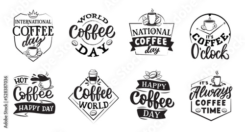 The set of lettering phrases about the coffee day. Hand-drawn quotes