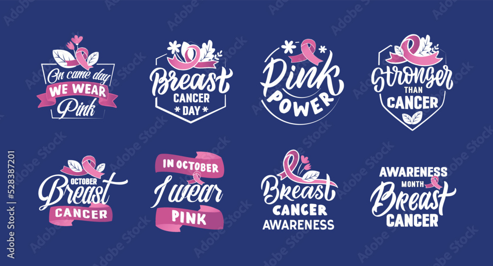 The set of emblems about breast cancer. The women support quotes