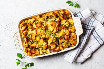 Traditional Thanksgiving stuffing. Bread casserole with celery.