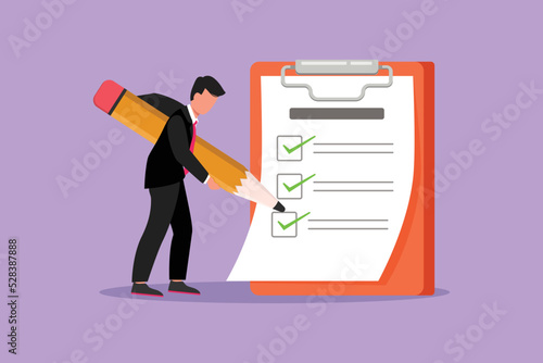 Character flat drawing active businessman standing and mark checklist with huge pencil. Person completion business task. Goal achievements planning schedule concept. Cartoon design vector illustration