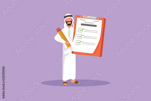 Character flat drawing Arab businessman standing and holding clipboard with checklist. Business success completed plan. Goal achievements planning schedule concept. Cartoon design vector illustration