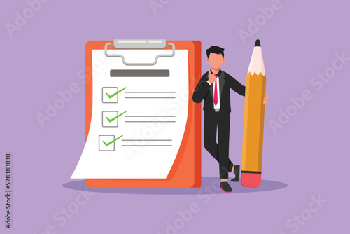 Character flat drawing businessman holding giant pencil and leaning at completed checklist on clipboard. Effective planning and time management. Business metaphor. Cartoon design vector illustration