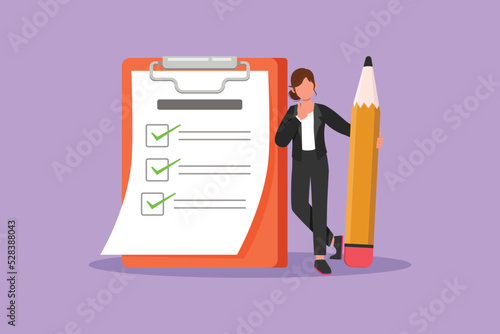 Graphic flat design drawing businesswoman holding big pencil and leaning at completed checklist on clipboard. Effective planning, time management. Business metaphor. Cartoon style vector illustration