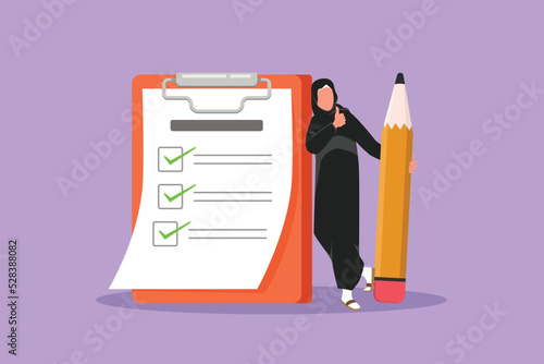 Graphic flat design drawing Arab businesswoman holding huge pencil and leaning at completed checklist on clipboard. Planning and time management. Business metaphor. Cartoon style vector illustration