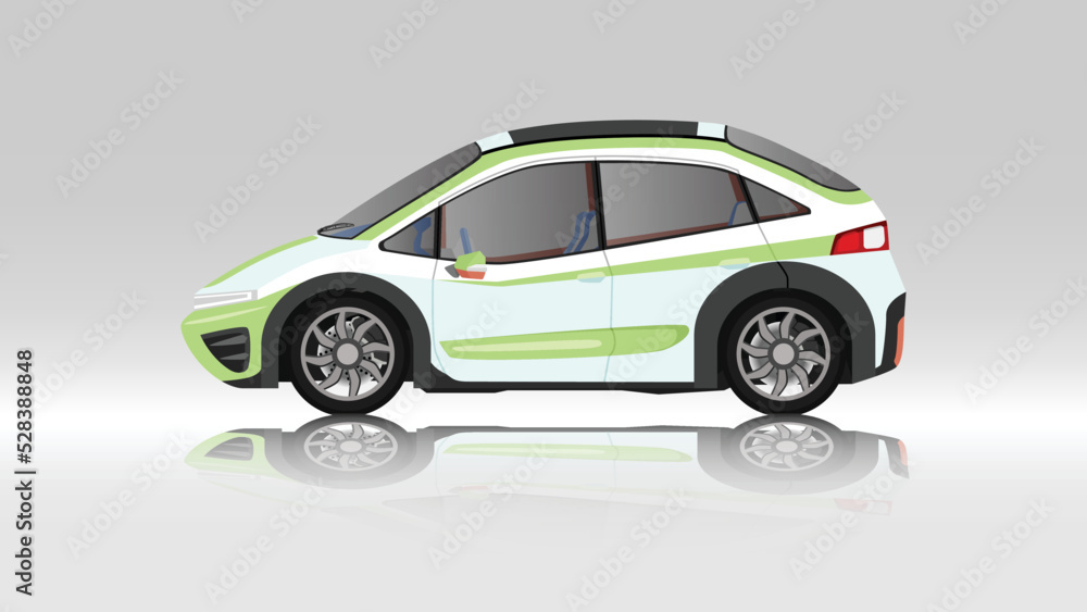 Concept vector illustration of detailed side of a flat green eco sports car. with shadow of car on reflected from the ground below. And isolated white background. Concept vector illustration of detailed side of a flat green eco sports car. with shadow of car on reflected from the ground below. And isolated white background.