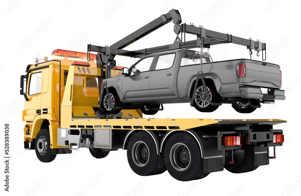 Naklejka premium Tow truck with broken car on a white background