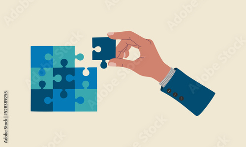 Businessman hand connect a last piece of puzzle. Concept of business solution, success, strategy. Hand drawn colored vector illustration isolated on light background. Modern flat cartoon style.