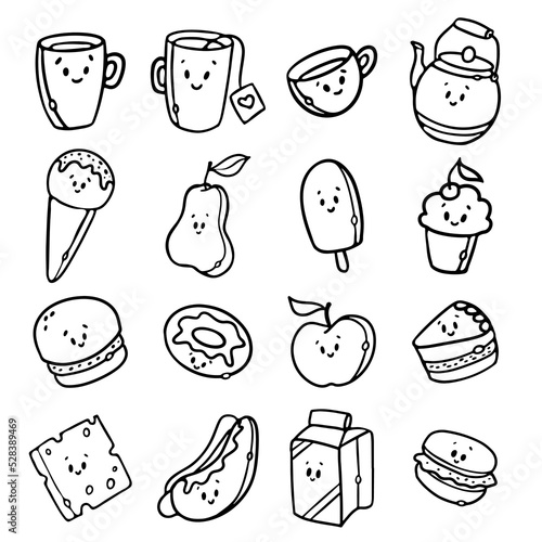 Cute Kawaii fast food meal outline doodle cartoon style Set Vector illustration