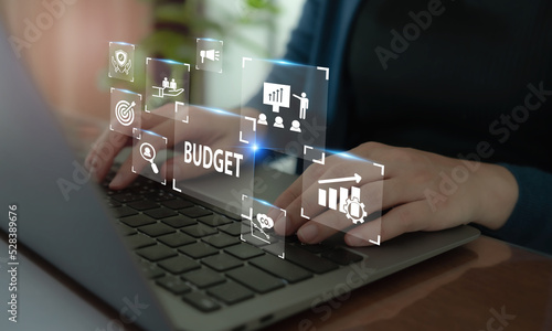 Budget planning and management concept. Company budget allocation for business or project management. Effective and smart budgeting. Plan, review, approve, allocate, analyze and optimize budgets. photo