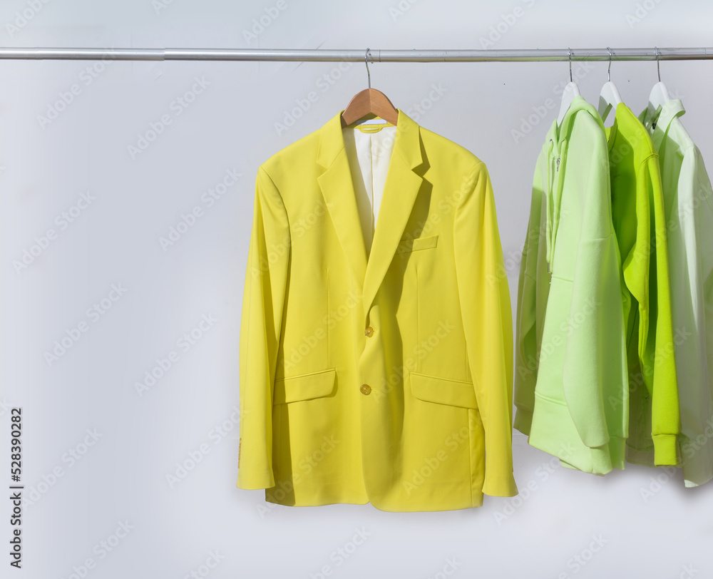 female, formal business light and dark green with yellow purple colour suit, jacket on hanger female, formal business light and dark green with yellow purple colour suit, jacket on hanger