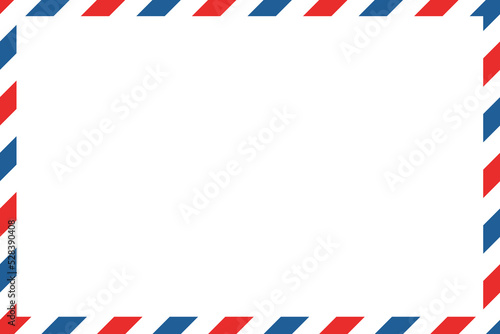 Airmail envelope frame with blue and red stripes on white background. International vintage letter border. Retro air mail postcard. Blank envelope. Vector illustration isolated on white background. photo