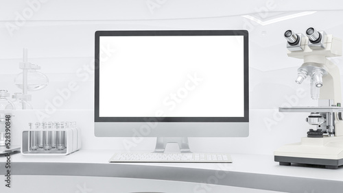 Computer MockUp. computer in lab white room and Scientific Equipment or glassware. can be used in education, science industry background. Designed in minimal concept.3D Render.