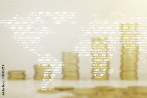 Multi exposure of abstract creative digital world map hologram on growing stacks of coins background, research and analytics concept