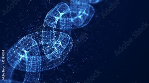 blockchain technology abstract concept. Polygons are connected in a chain on a dark blue background.