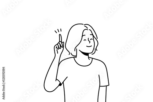 Smiling woman hold finger up generate creative idea or though. Happy female find answer or solve problem. Solution concept. Vector illustration. 
