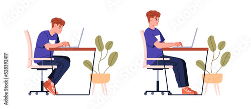 Sitting in bad and good postures at computer desk. Right correct vs wrong incorrect positions in chair. Healthy and unhealthy back poses. Flat graphic vector illustration isolated on white background
