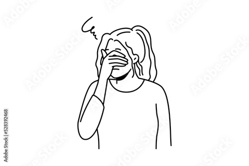 Unhappy young woman cover eyes feel depressed suffer from repetitive thoughts or overthinking. Upset girl struggle with mental or psychological problems. Vector illustration. 