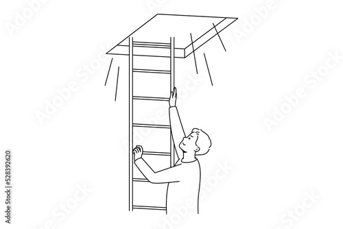 Man climbing up ladder to light. Smiling motivated male go up open new opportunities or perspectives. Bright future ahead. Vector illustration. 