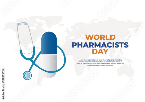 World pharmacists day background with stethoscope, earth map and drug.
