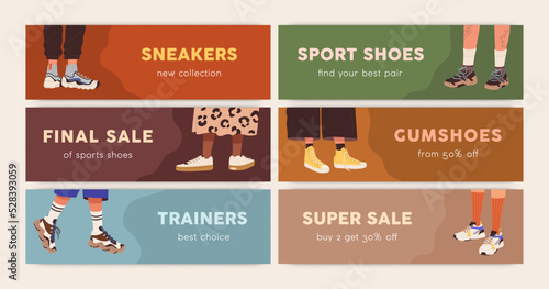 Fashion sneakers sale, advertising banners designs set. Sports shoes shop, footwear store discount, seasonal offer, ad promotion background templates with trainers, gumshoes. Flat vector illustrations
