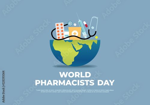 World pharmacists day background with stethoscope and drug on globe earth.