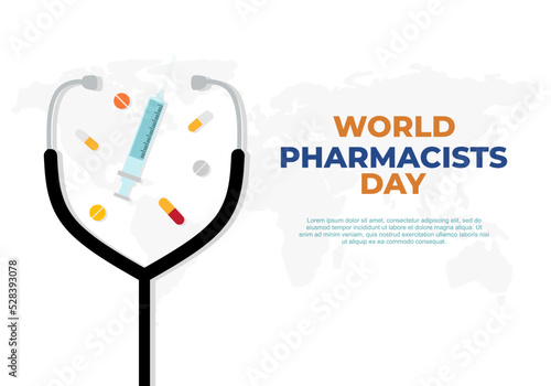 World pharmacists day background with stethoscope, injection and drugs.